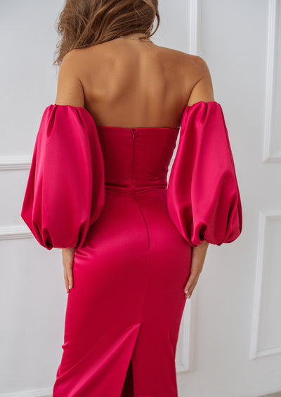 Crimson Puffed Sleeve Midi Dress (article C292)