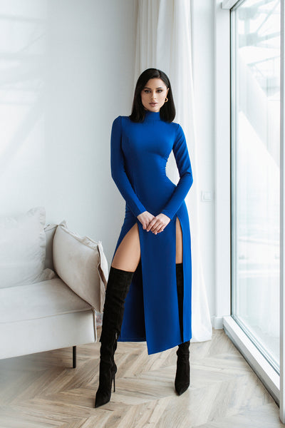 Blue High Neck Side-Slit Midi Dress (article C359)