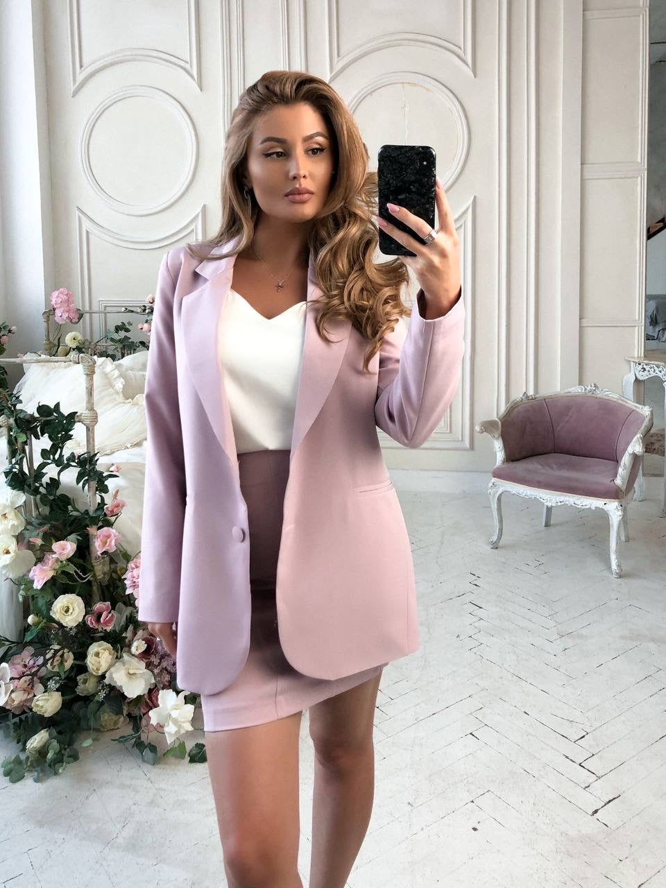 Dusty pink Two-piece suit: lined jacket and skirt (article 283)